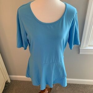 Isaac Mizrahi Sky Blue Elbow Sleeve Peplum Flounce Knit Top